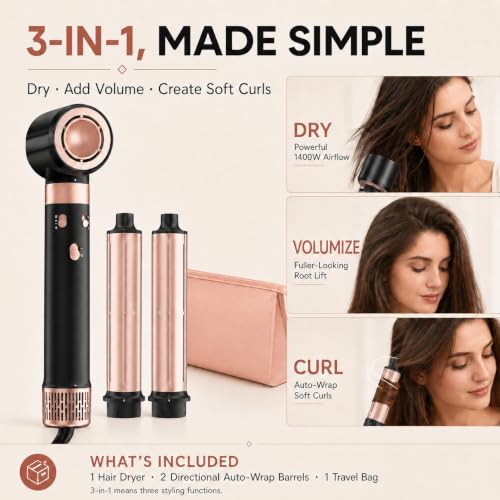 Black MESCOMB 3-in-1 Dual Voltage Travel Hair Dryer & Air Curler, 1400W