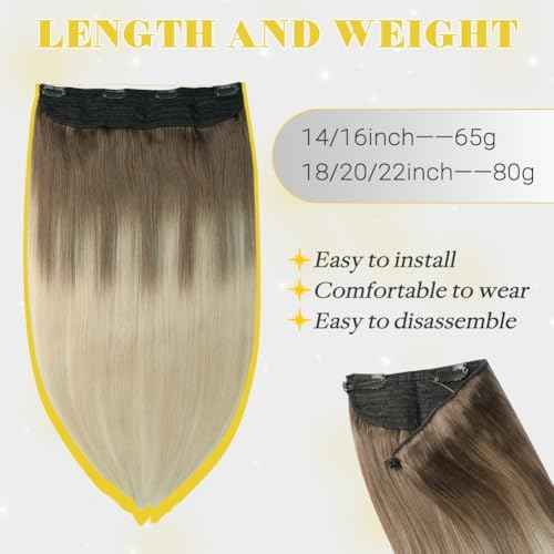 Wire Hair Extensions Fish Line Hair Extensions Ash Brown to Platinum Blonde Extensions, Invisible Hair Extensions Real Human Hair 14inch 70g Adjustable Size Hair Extensions(#8T/60-14inch)