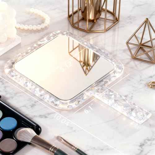 YEAKE Hand Mirror,Double-Sided Handheld 1X/5X Magnifying Mirror with Handle for Makeup, Shaving Mirror with Hole Hanging,Acrylic, 6.1" W x 10" L, Square Shape, Transparent 1 PC