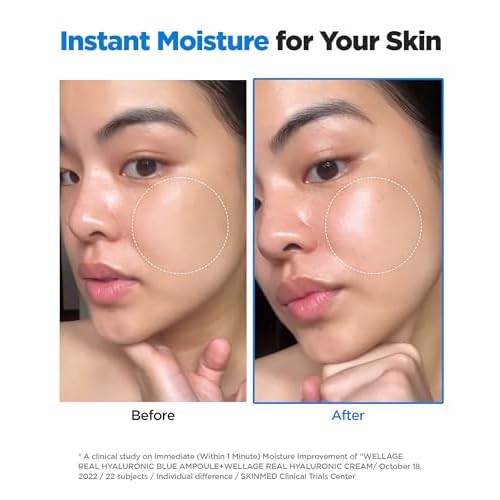 WELLAGE Real Hyaluronic Blue Ampoule 100, Korean Skincare, Fragrance Free Hyaluronic Acid Serum with Panthenol, Wild yam, Centella for Sensitive Dry Skin Moisturizer 1.01 fl.oz