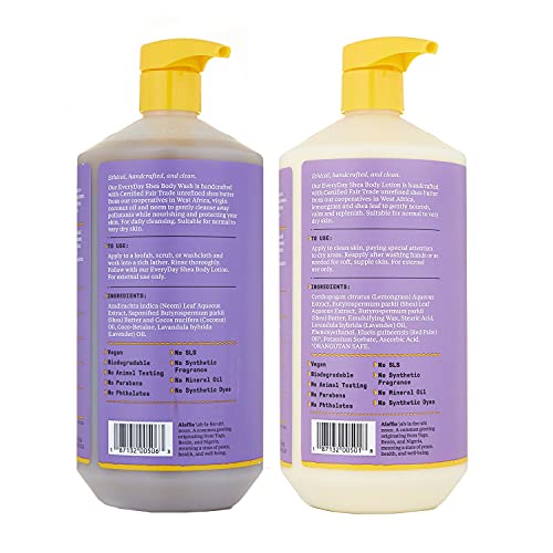 Alaffia Everyday Shea Body Lotion and Body Wash Bundle - Normal to Very Dry Skin, Moisturizes and Cleanses Soft and Supple Skin with Shea Butter, Lemongrass, Neem and Coconut Oil, Lavender, 32 Oz Each