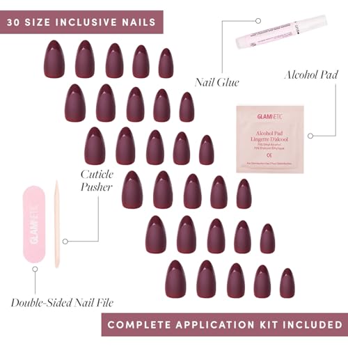 Glamnetic Press-On Nails - Merlot | Super Strong Brush On Nail Glue & Press-On Nail Remover | Matte Short Almond Dark Red Nails with Glossy French Tips | 15 Sizes - 30 Nail Kit with Glue and Remover