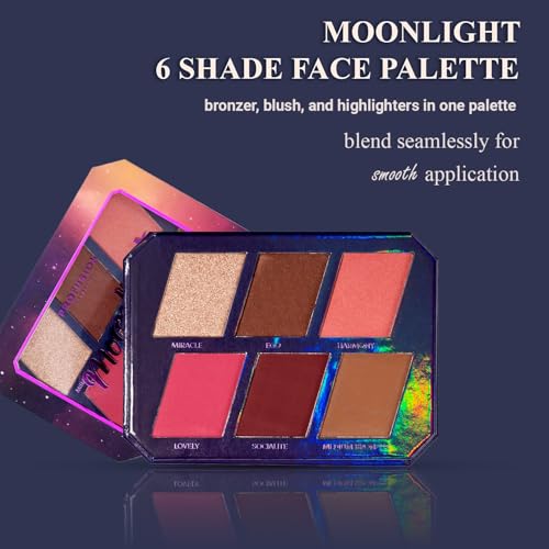 Profusion Cosmetics Moonlight 6 Shade Face Palette, Velvety-Smooth and Blendable Bronzer, Blush, and Highlighters for Buildable Stunning Looks