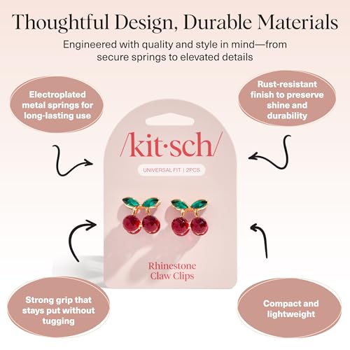 Kitsch Cherry Rhinestone Mini Claw Clips for Women - 2 Pack Strong Hold