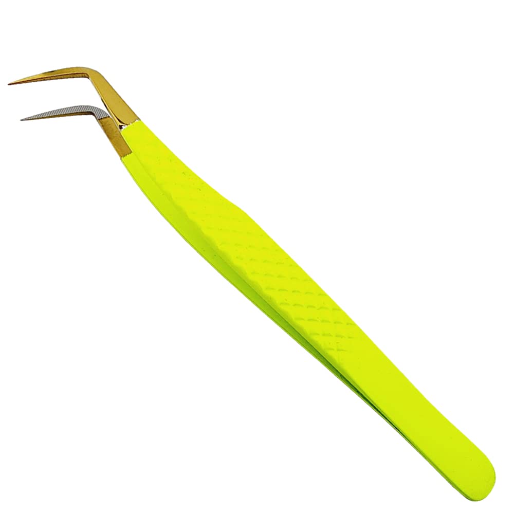 Leenax Special Edition Fiber Tip Mega Volume Tweezer , Anti- Slip Fiber Tip, Fine Tip 15mm ,30 D - 35 D , Japanese Stainless Steel ( Fluorescent Yellow).