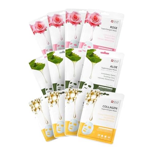 SNP Supercharged Sheet Mask Set | Variety Sheet of 4-Collagen, 4-Aloe, 4-Rose Face Mask Sheet | Facial Mask for Hydrating and Moisturizing | Korean Skincare Gift Set | 12 Sheets