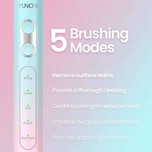 YUNCHI Sonic Electric Toothbrush for Adults & Kids, Rechargeable Battery Electric Toothbrush, 8 Brush Heads, 5 Modes, 44000 VPM Motor, 2 Min Smart Timer, IPX7 Waterproof, Travel Case, 90 Days-Gradient