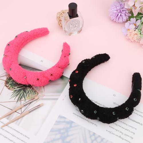 Wecoe 2pcs Rhinestone Skincare Headbands For Washing Face Hot Pink Black Fluffy Spa Headbands Makeup Headband Face Wash Puffy Sponge Bubble Headband Hair Accessories For Women Girls Kids Teens Gifts