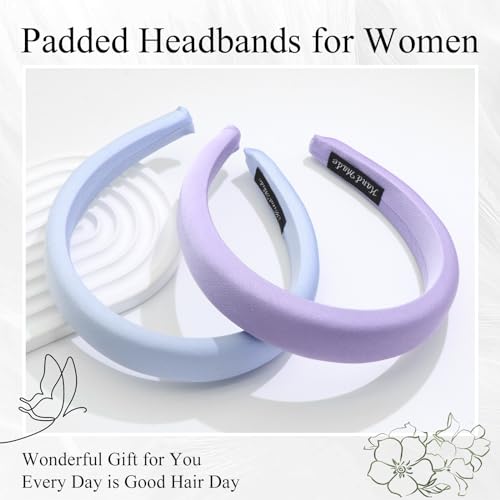 FULZTEY Padded Headbands for Women Girls Solid Plain Puffy Headband Silk Satin Wide Hairbands Thick Blue Head Band Hoop No Teeth Purple Hair Band for Women's Hair Accessories Gifts 2 Pcs