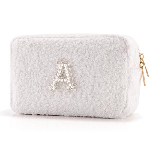 Personalized Initial Travel Makeup Bag, Makeup Bag Travel Cosmetic Bag, Sherpa Teddy Pearl Letters A