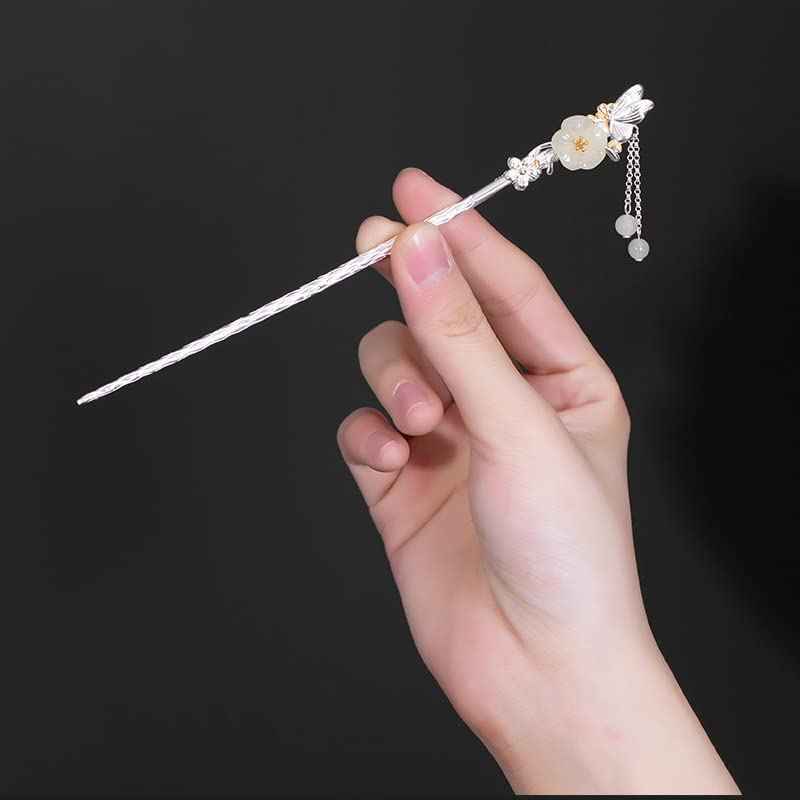 Rabithenn Hotan Jade S925 Silver Hairpin Butterfly with Pearl and Plum Blossom Chinese Hanfu Style Hair Sticks Retro Handmade Hair Clip Hair Accessories for Women Girls Long Hair (Hotan Jade)