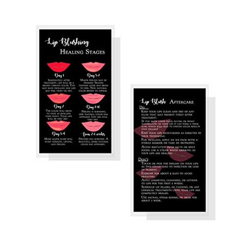 Boutique Marketing LLC Lip Blush Stages of Healing & Aftercare Instructions Cards | Package of 50 | Double Sided Size 2 x 3.5 inches Business Card | Black with Red Lips Design