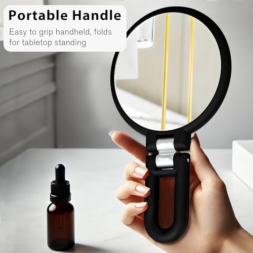 Black Double-Sided Magnifying Handheld Mirror 1X & 15X Travel Folding Design