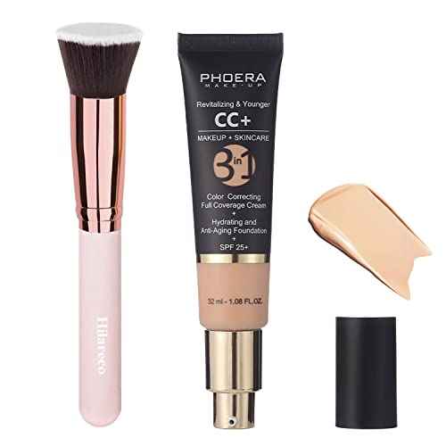 PHOERA CC+ Cream,Full Coverage Foundation£¬Color Correcting Cream,Anti Aging Hydrating Serum & SPF 25+ Sunscreen - Natural Finish - 1.08 fl oz (120 Nude)