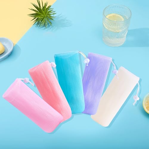 5Pc Mesh Soap Bags with Drawstring - Exfoliating Pouch