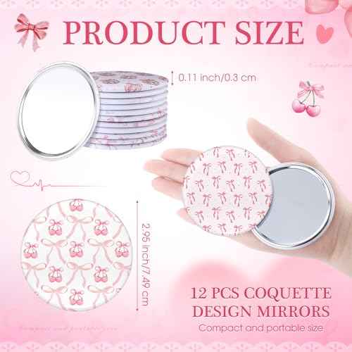 12 Pcs Christmas Bow Party Favors Mini Compact Mirror Bulk Coquette Aesthetic Party Favors Little Pocket Mirrors for Women Girl Birthday Holiday Stocking Stuffer (Cute Style,Pink)