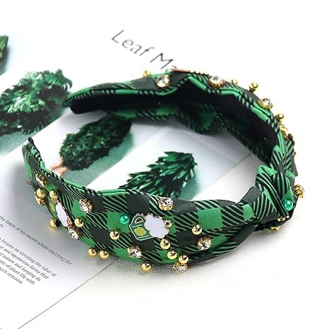 Hofar St. Patrick's Day Headband for Women Green Shamrock Headband Embellished Crystal Rhinestone Knotted Headband St. Patrick's Day Hair Accessories Celebration Party Hairbands