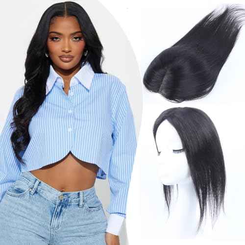 Hair Toppers for Women Real Human Hair 12 Inch 360¡Æ Cover Remy Human Hair Topper for Women with Thinning Realistic Scalp Clip in Pieces Straight Hair (Natural Black, Side Bangs)