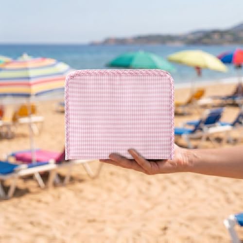 Gingham Travel Makeup Bag with Zipper Pouch, Pink