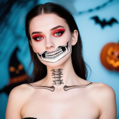 HOWAF 4 PCS Skeleton Face Tattoo, Skeleton Face Sticker, Snake Collarbone, Skull Halloween Temporary Tattoos, Day Of The Dead Face Tattoo for Halloween Costume, Day Of The Dead Costume