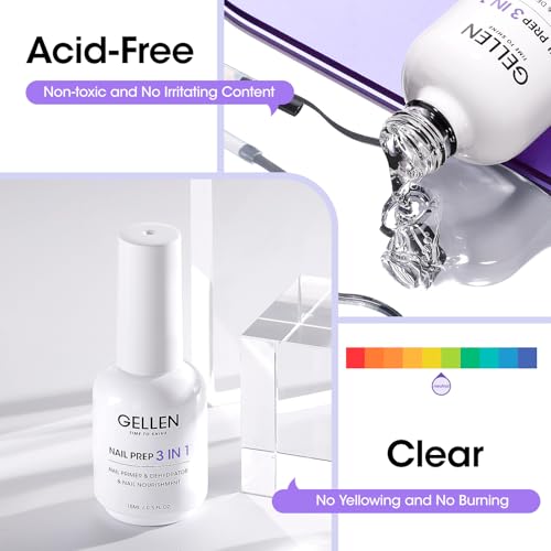 GELLEN 3-in-1 Nail Prep Dehydrator & Primer - Acid-Free 15ML, Air Dry, Nourishing