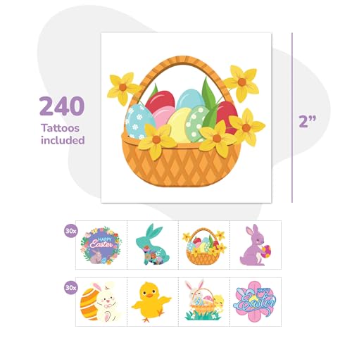 ArtCreativity 240 Pcs Easter Individual Temporary Tattoos for Kids - Pack of 240, 2 Inch Tattoos in 8 Festive Designs - Easter Basket Stuffers and Egg Fillers for Kids