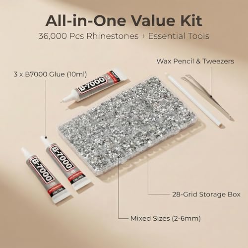 36000Pcs Silver Clear Rhinestones Mixed Sizes 2-6MM Flatback with B7000 Glue