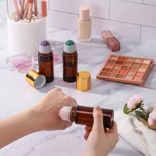 2 pack Large Amber Glass Roll on Bottles for Essential Oils Perfume Refillable Roller Ball Applicator Empty Deodorant Containers with Purple Crystal Rollerball
