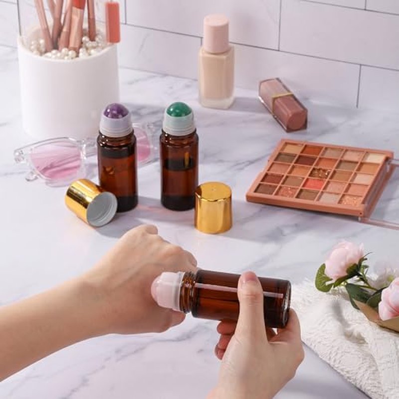 1.7oz Amber Glass Roll-On Bottles with Pink Crystal Rollerball