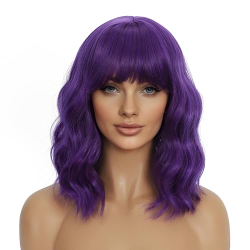 Dark Purple Short Wavy Bob Wig with Bangs 14 Inch