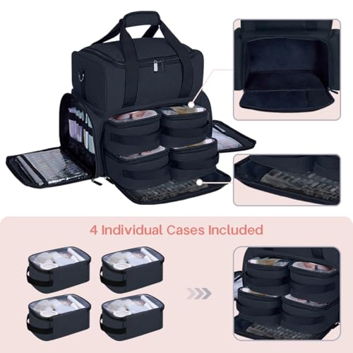 Large Cosmetic Bag with 4 Removable Case and 2 Removable Dividers Double Layer Travel Storage Organizer, Makeup Brushes Storage Section Black