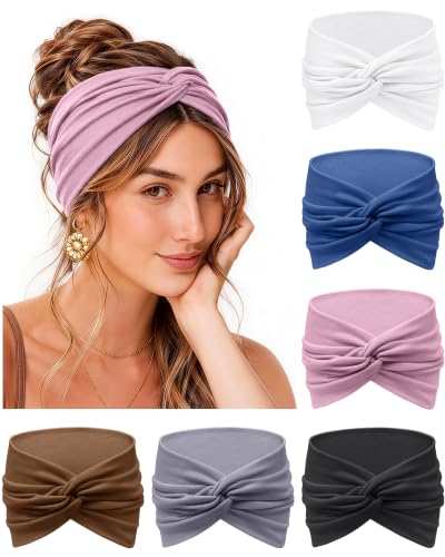 Sea Blue Extra Wide Non-Slip Headbands 6 Pack for Women, Moisture-Wicking Yoga & Workout Bands