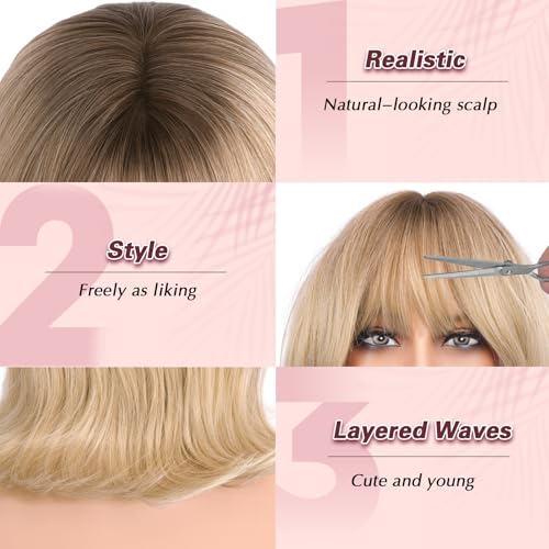 Haloo Blonde Bob Wig with Bangs 14 Inch Shoulder Length