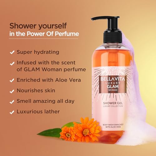 BellaVita Luxury Glam Perfume & Body Wash Combo for Women | Eau De Parfum with Jasmine, White Honey, Rose & Cedar (100ml) + Fruity Floral Shower Gel with Aloe Vera (500ml) | Gentle & Refreshing