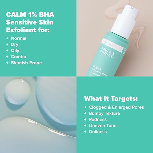 Paula¡¯s Choice CALM 1% Sensitive Skin BHA Liquid Exfoliant, Salicylic Acid Lotion for Large, Clogged Pores, Calms, Soothes Redness, Suitable for Rosacea-Prone, Eczema-Prone Skin, Fragrance-Free, 3.3oz
