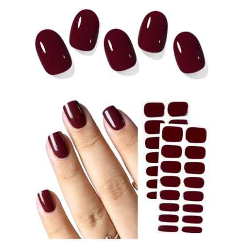 Semi Cured Gel Nail Strips (Wine Red N02),30 Pcs Gel Nail Wraps, Stickers, Long Lasting, Works with Any UV Lamps