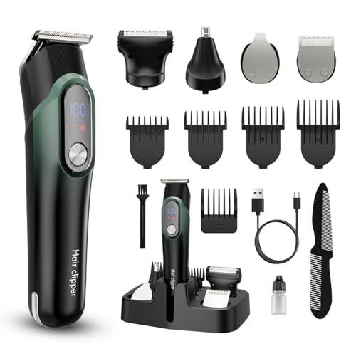 Beard Trimmer for Men: Professional Barber Hair Clippers, 5-in-1 Cordless Grooming Kit, Rechargeable Electric Razor & Shaver for Face, Mustache, Body, Ear, Nose Hair Trimmer with LED Display, Cyan