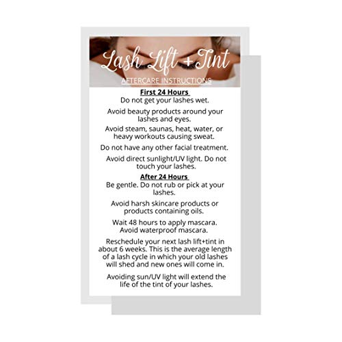 Lash Lift + Tint Aftercare Instruction Cards | 50 Pack | 2 x 3.5¡± inches Business Card Single Side | Eyelash Lift and Tint Kit at home diy aftercare supplies | White with Lash Photo Design