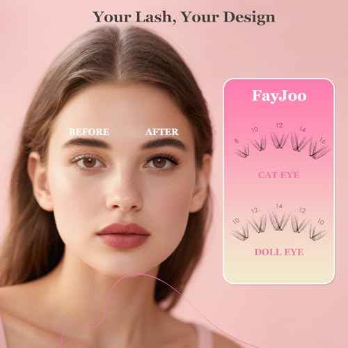 Natural Wispy Soft Lash Clusters Kit with 0.05mm Invisible Band, C Curl 8-16mm, DIY Salon Eyelash Extensions with Bond Seal Remover Tweezer, FayJoo AIRY 11 Kit