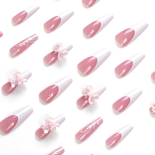 Ballet Press on Nails Long, 3D Pink Bow Rhinestone Star Fake Nails White French Tip Stick on Nails Heart Bear Bling Pearl False Nails Coffin Acrylic Nails Manicure for Women and Girls, 24PCS