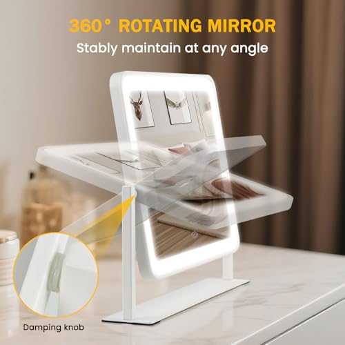 Bearolve 14"×12" LED Vanity Mirror with 3-Color Lighting & 360° Rotation