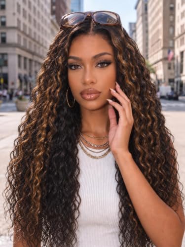 KLAIYI Water Wave 26in 7x5 Lace Front Glueless Balayage Wig – Ombre Brown, Pre-Cut, Drawstring