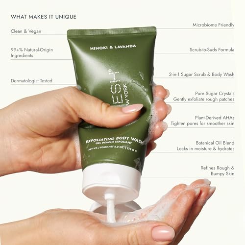 VOESH Sugar Scrub & Exfoliating Body Wash with Plant-Derived AHAs & Vegan Probiotics, K-Beauty Korean Skincare - Hinoki & Lavanda