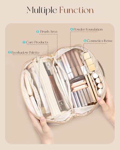 VLANDO Toffee Travel Makeup Bag with 180° Opening, Women Toiletry Case