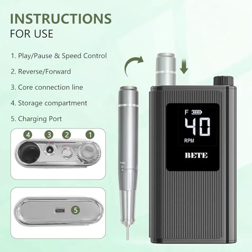 BETE Professional 40000 RPM Cordless Nail Drill Kit with 6 Bits