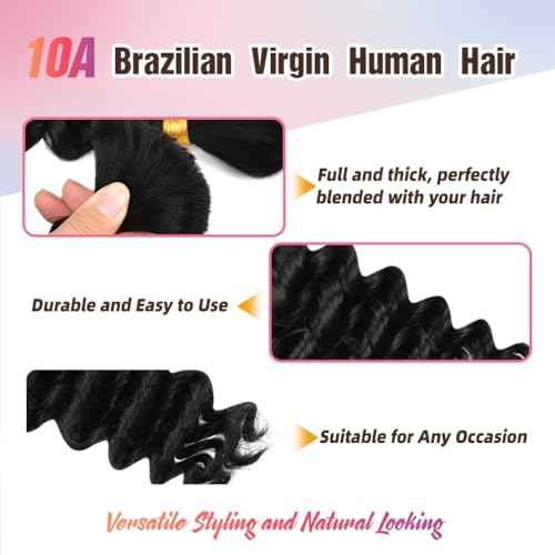 Human Braiding Hair, 3 Bundle 150g 16 Inch Boho Braids Human Hair 10A Deep Wave Bulk Brazilian Virgin No Weft Wavy Hair Extensions for Boho Bohemian Micro Braid Bulk for Braiding Natural Black