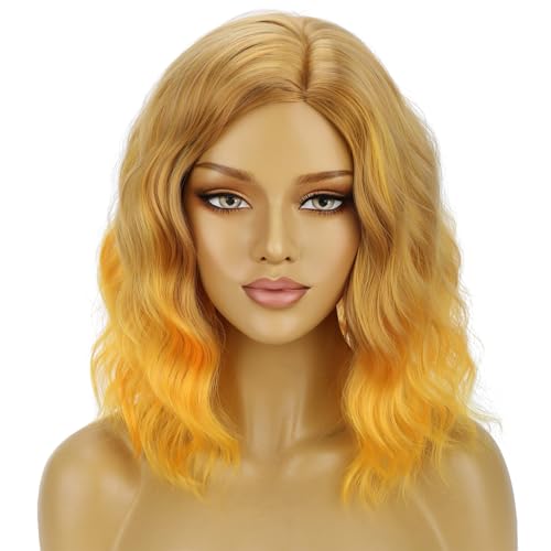 BERON Yellow Ombre Short Curly Wavy Wigs for Women Girls - Heat-Resistant Synthetic Cosplay & Party Hair