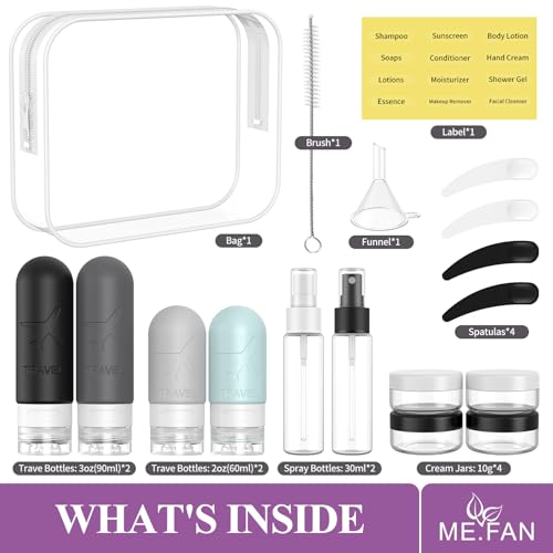 ME.FAN 18-Pack TSA Approved Travel Bottles Set - Silicone Squeezable Containers for Toiletries