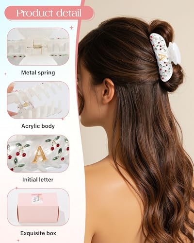 AWAYTR Cherry Monogram Hair Clip with Rhinestones - Durable Claw Clip for Fine Hair