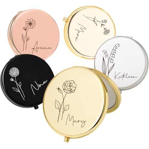 Personalized Compact Travel Mirror with Birth Flower and Name - Gift Idea